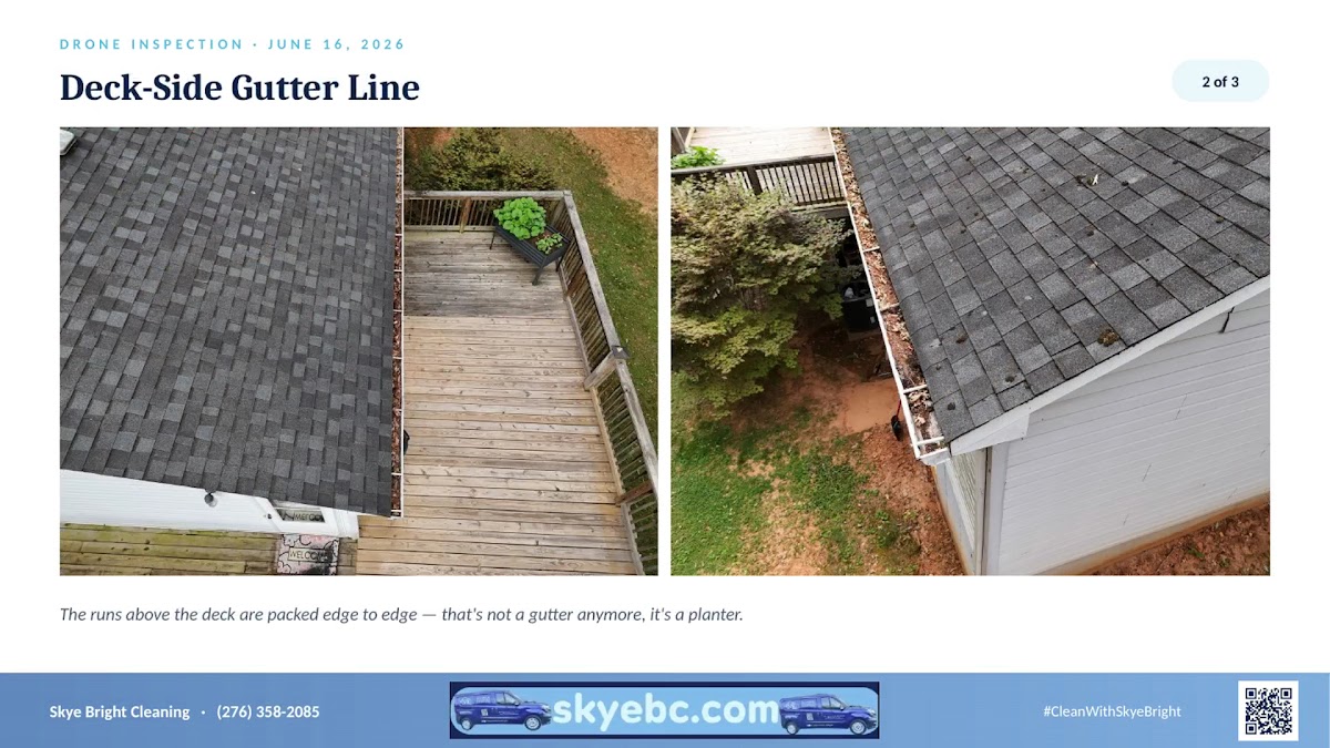 Before and after gutter cleaning comparison in Bassett VA